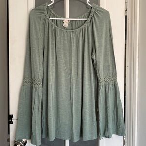 Tru self bohemian off the shoulder sage green long bell sleeve top